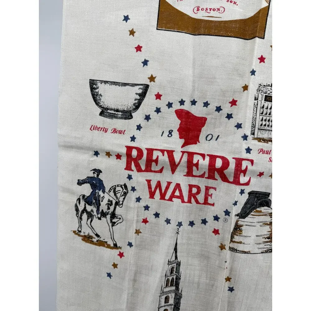 Vintage Revere Ware Boston Tea Towel Paul Revere Americana Linen 26 x 16
